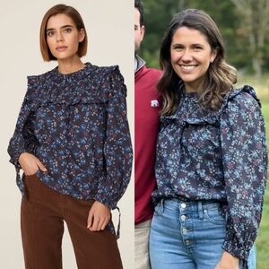 Sea New York Tilly Smocked Top Long Sleeve Ruffle Blue Purple XS